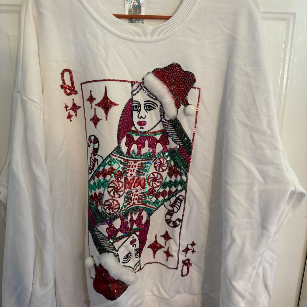 QUEEN OF SPARKLES Festive White Sweatshirt with Red and Green Design